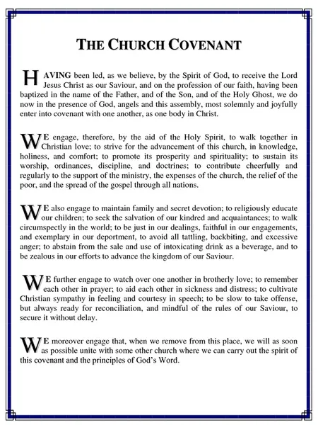 Original Church Covenant document, transcribed in full on this page